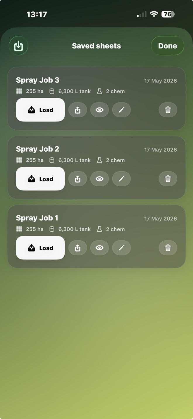 Mix it Right saved sheets screen